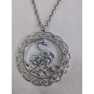 Sarah Coventry Swan Pendant Necklace Silver Toned Rhinestones 24" Long Chain